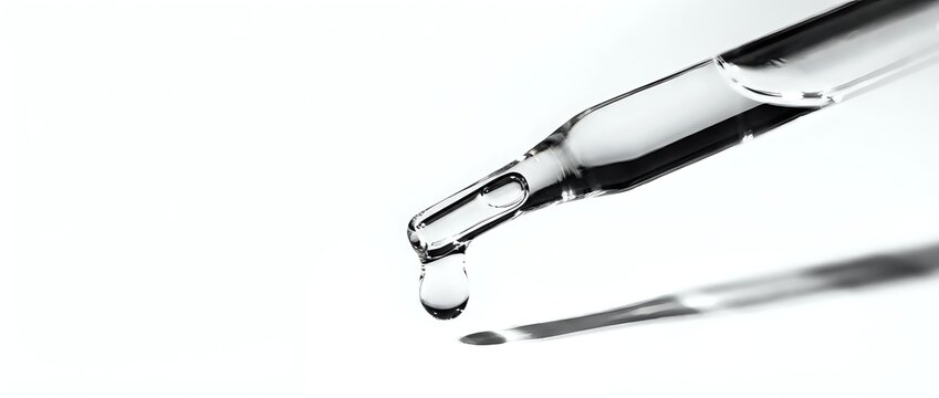 Close-up of medical dropper dispensing liquid drop against white background, suitable for healthcare, pharmaceutical, and scientific applications.