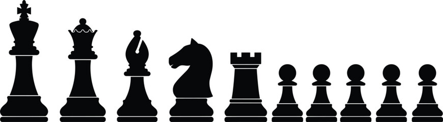 Black Chess Piece Silhouette Vector Icon Set Featuring King Queen Bishop Knight Rook and Pawns for Strategy Board Game Tournaments and Corporate Management Designs © Mdlutfar