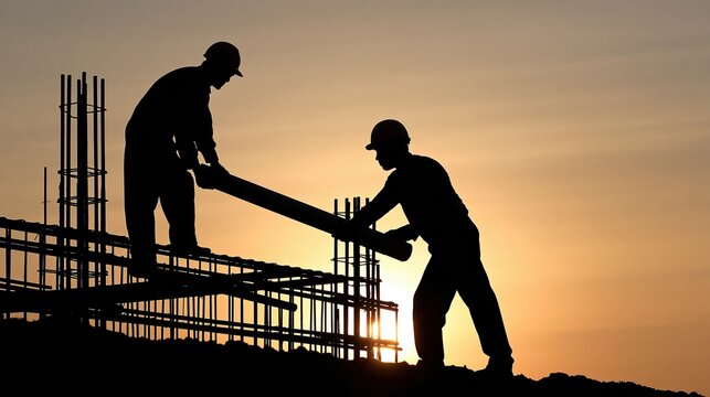 Silhouetted construction workers collaborating on building reinforcement at sunset