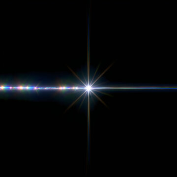 Bright star light flare with horizontal anamorphic lens streak and vertical rays isolated on black background