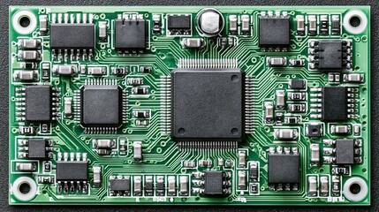 Fototapeta premium Close-up of a complex green printed circuit board with integrated circuits and electronic components