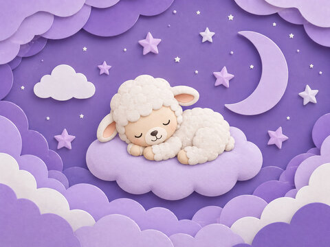 Cute sleeping lamb on a cloud under a crescent moon and stars, shown in a soft purple 3D clay nursery illustration.