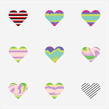 Colorful gradient heart icons and abstract love shapes vector set