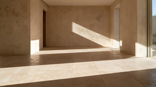 Minimalist modern interior with bright natural sunlight streaming through window.