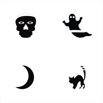 Spooky Halloween silhouette icons set with skull ghost cat and moon