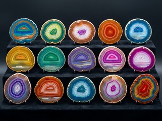 Fototapeta premium Colorful Agate Slices Displayed on Shelves Showcasing Vibrant Gemstones and Mineral Specimens