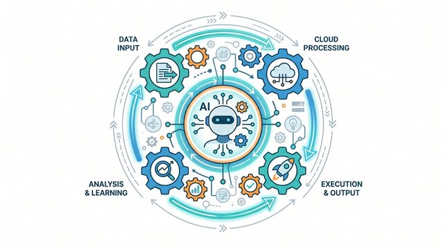 Artificial intelligence workflow vector infographic showing data cycle and cloud processing