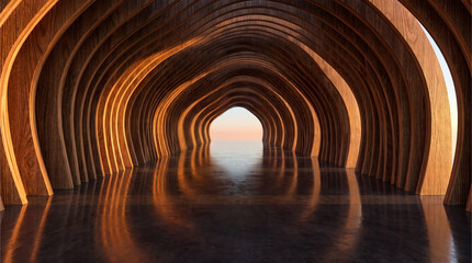 Obraz premium Abstract 3D render of a symmetrical parametric wooden tunnel with ribbed arches and a highly reflective floor leading to a warm horizon.