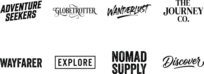 Collection of vintage style adventure and travel themed typography logos for outdoor brands and exploration companies © tishahashan