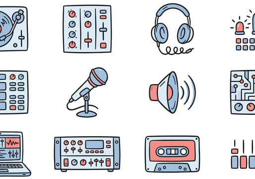 Drawn Music Equipment Icons: DJ Turntable, Mixer, Headphones, Microphone, Speaker