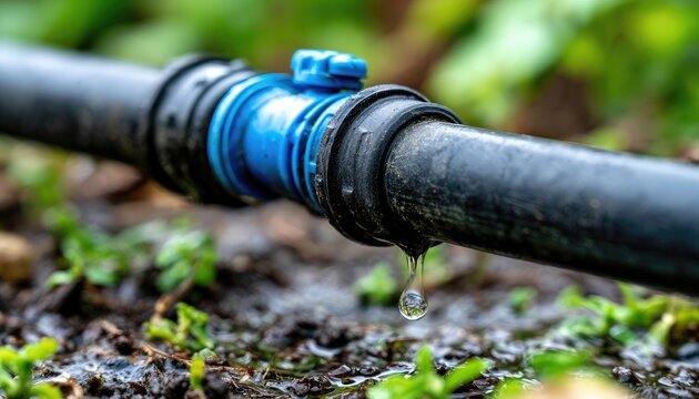 Close-up of a leaky black irrigation pipe with a blue valve dripping water onto the soil.