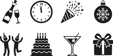 Naklejka premium New Year and Birthday Celebration Icon Set Featuring Champagne, Countdown Clock, Party Popper, Cake, Cocktail, and Gift Box Elements for Festive Graphic Designs.