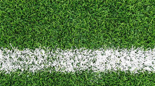 Top-down macro texture of vibrant green artificial sports turf grass with a thick white painted boundary line.
