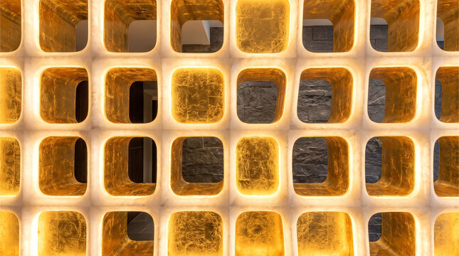 Luxury interior decorative wall feature with a white grid of rounded rectangles lined with glowing gold leaf.