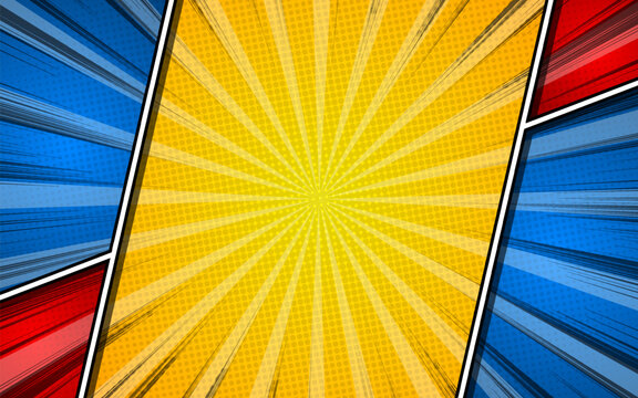 Comic book page concept with halftone rays radial effects. Vector illustration