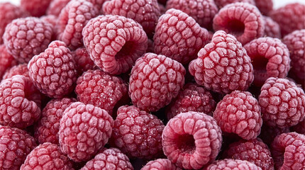 Macro food photography shot of a dense pile of frozen raspberries filling the entire frame, vibrant ruby red. © Yassine