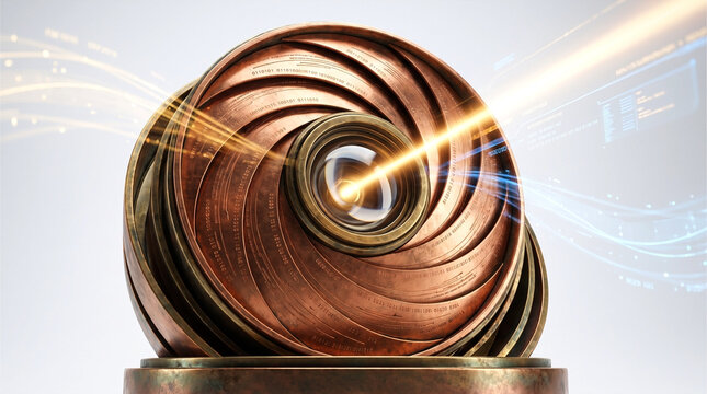 Abstract 3D render of an overlapping panel spiral structure resembling a camera lens, with glowing digital data trails and binary code.