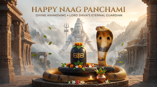 Spiritual naag panchami celebration featuring majestic serpent coiled around sacred lingam symbol in ancient temple setting with decorated orange marigold