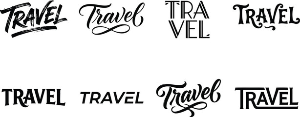 Set of eight different creative travel typography designs featuring various artistic lettering styles for tourism and vacation projects © tishahashan