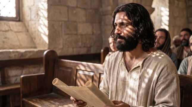 Jesus reading from the scroll in a synagogue in Nazareth. Bible scene depicting the gospel of Luke chapter 4 where Jesus proclaims the word of God. Biblical history and faith concept.