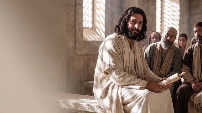 Jesus teaching in the synagogue of Nazareth holding a scroll as the crowd listens. Biblical scene of Christ sharing the gospel. Historical religious tradition and spiritual faith concept.