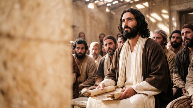 Jesus sitting in a synagogue in Nazareth holding a scroll as he preaches to a group of men. Biblical scene representing the gospel of Luke and the ministry of Jesus Christ in Galilee.