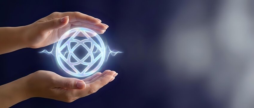 Hands holding glowing atomic nucleus symbol with blue energy light, representing science, nuclear power, physics research, and technological innovation.