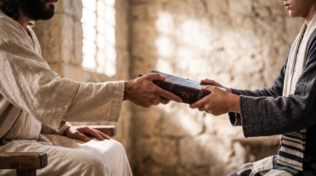 Jesus giving an ancient scroll to an attendant in a synagogue. Religious scene depicting the biblical ministry of Christ in Nazareth. Holy scripture reading concept for spiritual study.