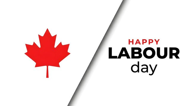 Happy labour day greeting card design featuring a red canadian maple leaf on white background