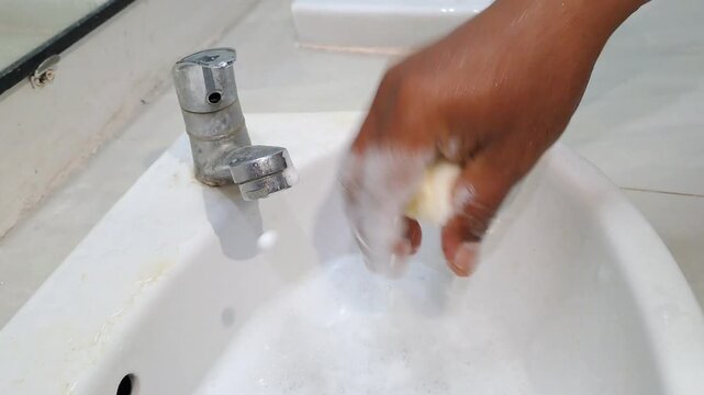 Close up of Asian man hand squeezing soapy dishwashing sponge. Foamy bubbles and soapy water falling into white kitchen sink. Cleaning and hygiene concept.