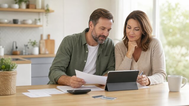 Couple reviewing household finances with tablet and documents