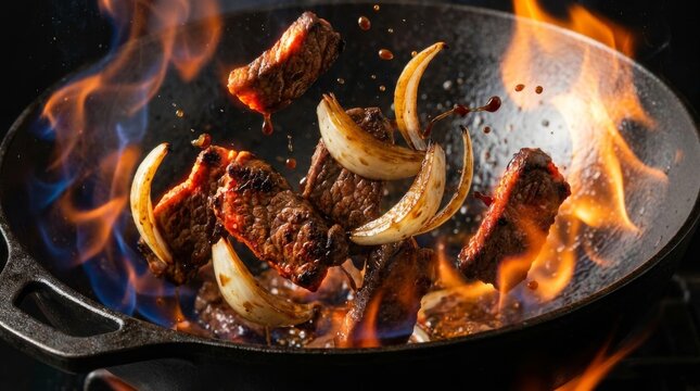 Juicy steak and onions cooking in a frying pan with vibrant flames and swirling smoke