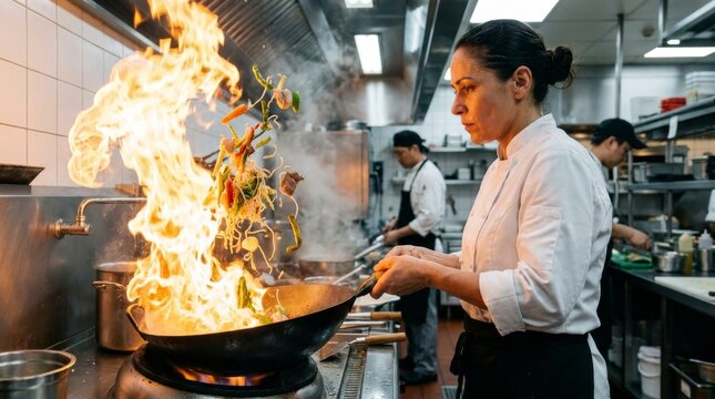 Energetic chef preparing a meal with flames in a bustling restaurant kitchen environment