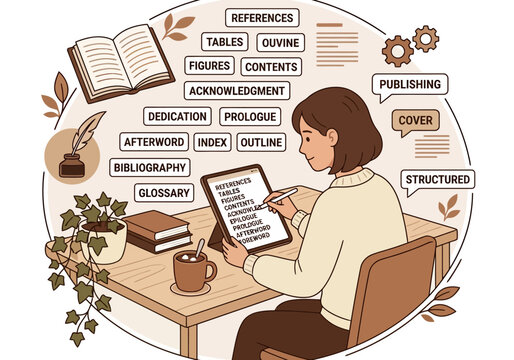 Author writing book content on tablet, surrounded by literary terms and books