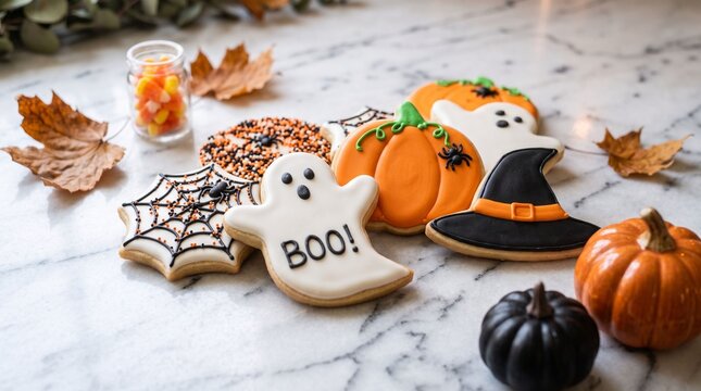 Decorated halloween sugar cookies on marble surface