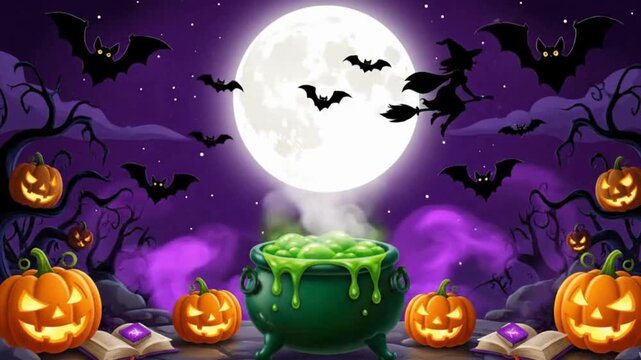 Vibrant Halloween night illustration featuring a full moon flying bats a witch glowing jack-o-lanterns and a bubbling cauldron perfect for festive backgrounds or party invitations