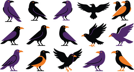Fototapeta premium Collection of stylized black crows and ravens for halloween design elements