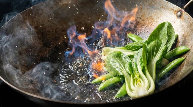 Vibrant stir fried bok choy and sugar snap peas sizzling in a hot wok with flames dancing around