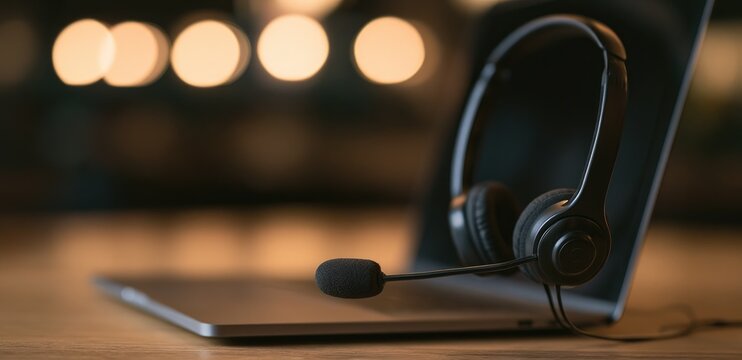Headset with Microphone on Laptop Keyboard with Blurred Bokeh Lights Background.