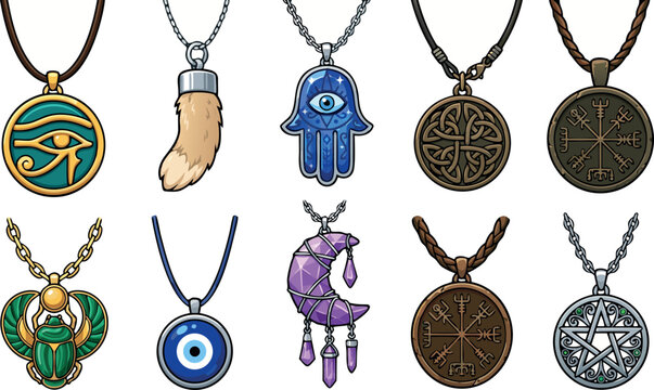 Amulet and talisman necklace icon set vector illustration featuring ancient symbols like hamsa hand eye of horus evil eye vegvisir pentagram scarab and crystal crescent moon