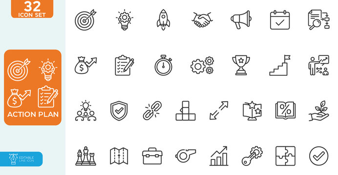 Action plan Vector illustration line editable Icons set. Strategy action planning icons for web and mobile app. Containing strategy, analysis, planning, strategy, analysis, tasks, goal, implementation