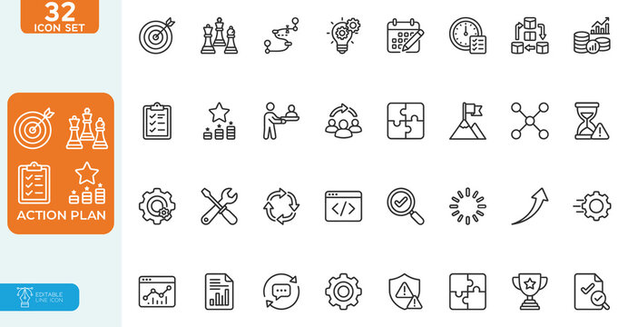 Action plan Vector illustration line editable Icons set. Strategy action planning icons for web and mobile app. Containing strategy, analysis, planning, strategy, analysis, tasks, goal, implementation