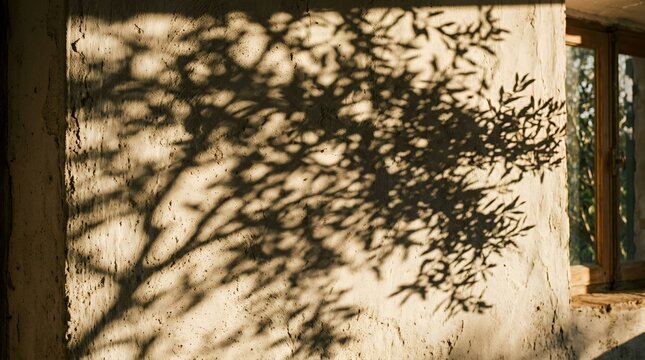 Tree shadow cast on textured plaster wall.