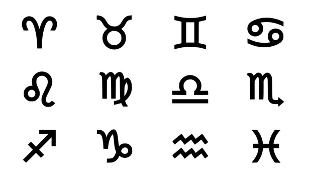 Astrological zodiac signs vector icon set with 12 horoscope symbols in bold black glyph style for minimalist astrology design