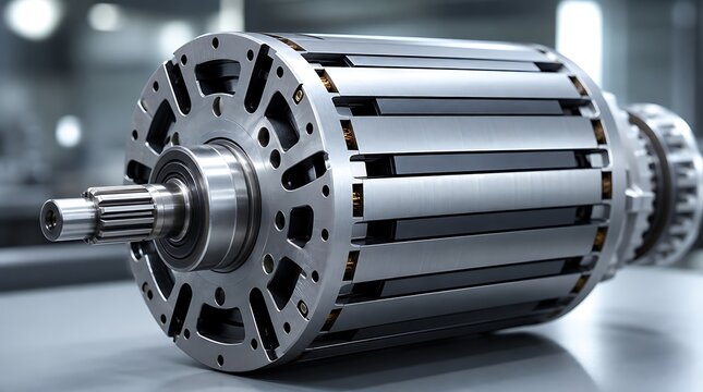Modern electric vehicle motor rotor core with metallic shaft and laminations conveying EV powertrain engineering and electric mobility tech