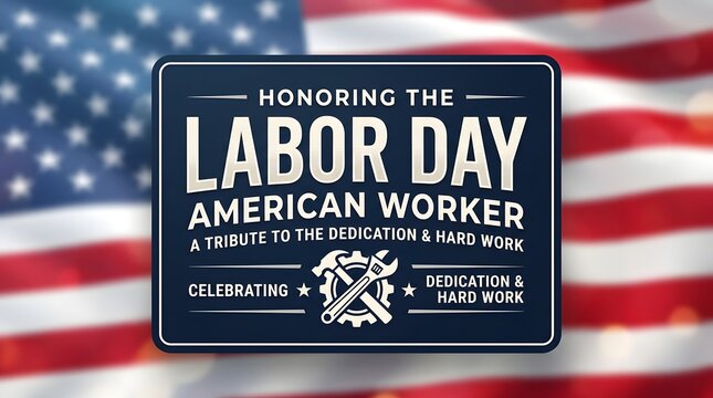 Labor Day badge with American flag background. US holiday graphic for workers celebration.