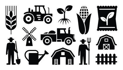 Obraz premium Black and white farm agriculture tractor crop and farmer vector icons