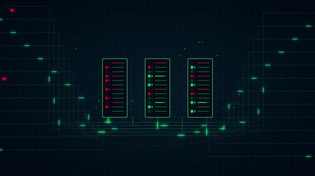 Server rack array with status indicators and red attack arrows concept for data center infrastructure, cybersecurity threat detection, DDoS attack, network vulnerability, infrastructure protection