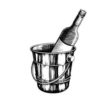 Illustration of a bottle of wine in a cooling bucket. Black and white hand-drawn raster drawing isolated on a white background. Suitable for cafe and restaurant menus. Alcoholic drink.
