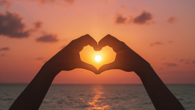 Silhouette of hands forming a heart shape against a vibrant sunset over the ocean
